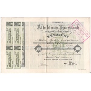 Budapest 1912. Általános Iparbank Részvénytársaság névre szóló részvénye 200K-ról, szelvényekkel, szárazpecséttel...