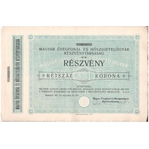Budapest 1912. Magyar Üvegfonál és Hőszigetelőgyár Részvénytársaság részvénye 200K-ról szelvényekkel...