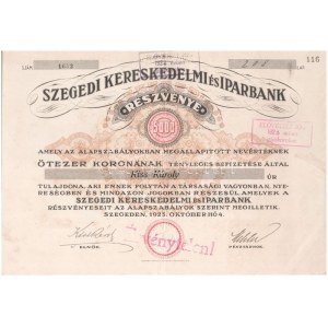 Szeged 1923. Szegedi Kereskedelmi és Iparbank névre szóló részvény 5000K-ról, szárazpecséttel...