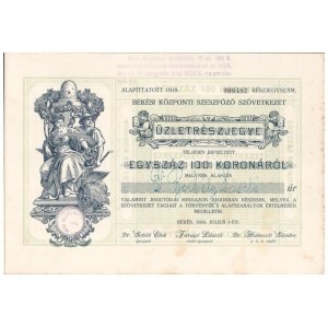 Békés 1924. Békési Központi Szeszfőző Szövetkezet névre szóló üzletrészjegye 100K-ról, szelvényekkel...