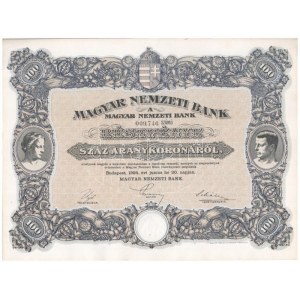 Budapest 1924. Magyar Nemzeti Bank magyar, angol, francia, német és olasz nyelvű részvénye 100 aranykoronáról (6x...