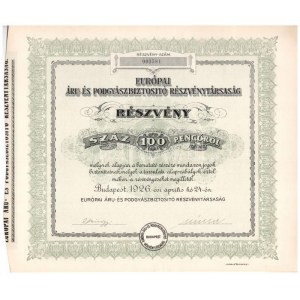 Budapest 1926. Európai Áru- és Podgyászbiztosító Részvénytársaság részvénye 100P-ről, szelvényekkel T:I- / Hungary ...