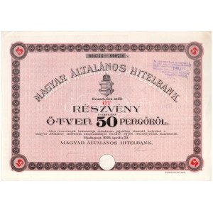 Budapest 1926. Magyar Általános Hitelbank öt részvénye egyben, részvényenként 50P-ről, szelvényekkel, szárazpecséttel...