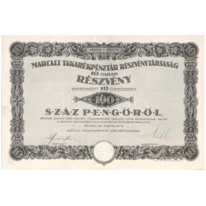 Marcali 1927. Marcali Takarékpénztár Részvénytársaság tíz részvénye egyben összesen 100P-ről, szelvényekkel...