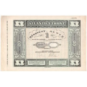 Budapest 1928. Atlantica Trust Részvénytársaság részvénye 20P-ről, magyar-német nyelven, szelvényekkel...