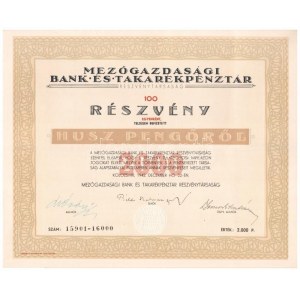 Kolozsvár 1942. Mezőgazdasági Bank és Részvénytársaság száz részvénye egyben, részvényenként 20P-ről, szelvényekkel...