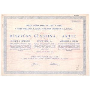 Szlovákia / Lőcse 1940. Szepesi Hitelbank R.-T., Levoca részvény 400K-ról, magyar-szlovák-német nyelven...