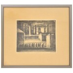 Mund Hugó (1892-1962): Munkába menet. Rézkarc, papír, jelzett, üvegezett fa keretben. 15×18 cm. Nagyon ritka! ...