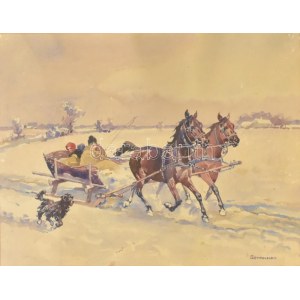 Benyovszky István (1898-1969): Lovasszán. Akvarell, papír, jelzett, üvegezett fa keretben, 35,5×48...