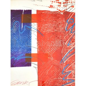 Geisler, Stephan (1968-): Kék-vörös kompozíció. Vegyes technika, papír, jelzett. Üvegezett fa keretben. 50×39,5 cm ...