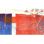 Geisler, Stephan (1968-): Kék-vörös kompozíció. Vegyes technika, papír, jelzett. Üvegezett fa keretben. 50×39,5 cm ...