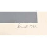 Konok Tamás (1930-): A tér ritmusa. Monotípia, papír, jelzett és datált (Konok 1991). Üvegezett keretben. 27,5×27,5 cm ...
