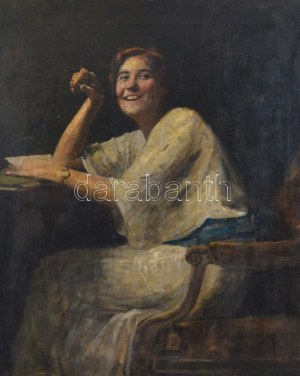Glatter Ármin (1861-1931): Kacérkodó hölgy. Olaj, vászon, jelzett, sérült díszes fa keretben, 67×55,5 cm ...