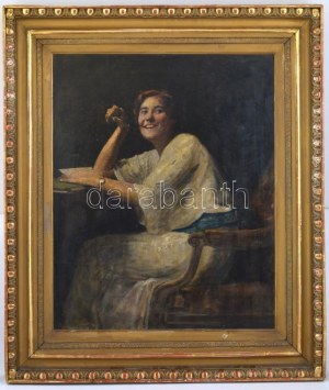 Glatter Ármin (1861-1931): Kacérkodó hölgy. Olaj, vászon, jelzett, sérült díszes fa keretben, 67×55,5 cm ...