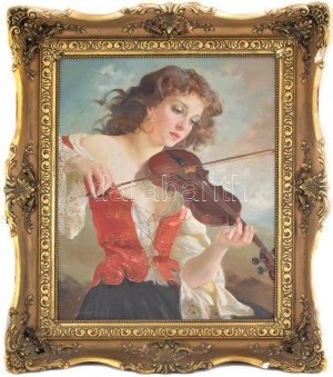 Szánthó Mária (1897-1998): Lány hegedűvel. Olaj, vászon. Jelzett. Díszes, sérült historizáló stílusú fa keretben...