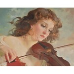 Szánthó Mária (1897-1998): Lány hegedűvel. Olaj, vászon. Jelzett. Díszes, sérült historizáló stílusú fa keretben...