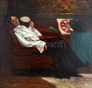 Berkes Antal (1874-1938): Hölgy legyezővel, 1905. Olaj, vászon, restaurált. Jelezve balra lent: Berkes A 1905...