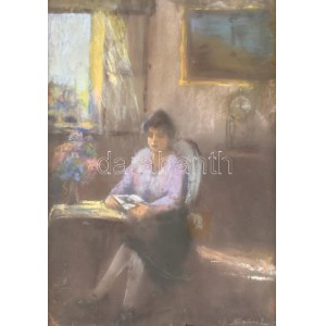 Színes Elemér (1886-?): Olvasó hölgy. Pasztell, papír, jelzett. Díszes üvegezett fa keretben. 48x34 cm / Elemér Színes ...