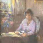 Színes Elemér (1886-?): Olvasó hölgy. Pasztell, papír, jelzett. Díszes üvegezett fa keretben. 48x34 cm / Elemér Színes ...