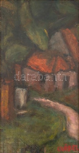 Czóbel Béla (1883-1976): Erdőrészlet házzal, 1929 körül. Olaj, vászon, jelzett. Hátoldalán 1929 felirattal...