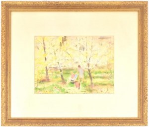 Diósy Antal (1895-1977): Kertben. Akvarell, papír, jelzett. Díszes, üvegezett fa keretben...