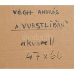 Végh András (1940-): Vurstliban, 1984. Akvarell, papír, jelzett. Hátoldalán autográf felirattal. Üvegezett fa keretben...