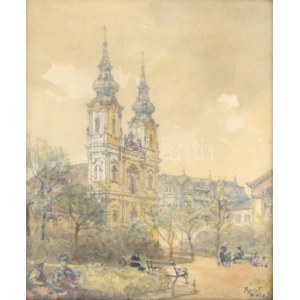 Háry Gyula (1864-1946): Batthyány tér, Budapest. Akvarell, papír, jelzett. Üvegezett, reprezentatív fa keretben, 29×23...