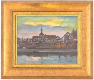 Pádua Kálmán (1885-1958): Folyómenti táj (Szentendre?). Olaj,fa, jelzett, fa keretben. 21,5×27 cm...