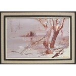 Fejér Csaba (1936-2002): Tiszapart télen. Olaj, farost, jelzett, fa keretben, 40×65 cm / Csaba Fejér ((1936-2002)...