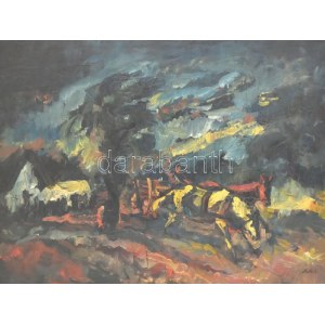 Holló László (1887-1976): Lovasszekér a viharban. Olaj, vászon, jelzett. Fa keretben, 60x80 cm / Holló László (1887...