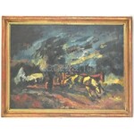 Holló László (1887-1976): Lovasszekér a viharban. Olaj, vászon, jelzett. Fa keretben, 60x80 cm / Holló László (1887...
