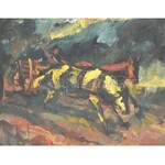 Holló László (1887-1976): Lovasszekér a viharban. Olaj, vászon, jelzett. Fa keretben, 60x80 cm / Holló László (1887...