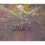 Holló László (1887-1976): Lovasszekér a viharban. Olaj, vászon, jelzett. Fa keretben, 60x80 cm / Holló László (1887...