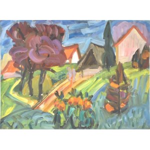Kunt Ernő (1920-1994): Színes táj, 1993. Olaj, farost. Jelzett. 57x76 cm / Ernő Kunt (1920-1994): Colourful landscape...