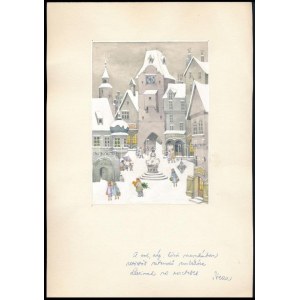 Lazetzky Stella (1924 - 2014) : Képeslap terv. Akvarell, papír, dedikált, paszpartuban, 12x16 cm