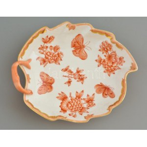 Herendi narancsszín Viktória mintás tálka. Kézzel festett, jelzett, kis kopásokkal. 20x17,5 cm
