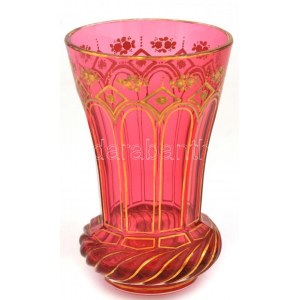 XIX. sz. vége: Rubinvörös üveg pohár. Formába fújt, kézzel festett, hibátlan, kis kopásokkal 14 cm ...