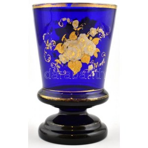 XIX. sz.:Virág díszítésű kék emlékpohár. Hutaüveg, kézzel festett, kopásokkal / Commemorative glass. hand painted...
