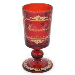 XIX. sz. vége: Rubinvörös üveg pohár. Fújt, kézzel festett, hibátlan, kis kopásokkal 16 cm / Handpainted antique glass...