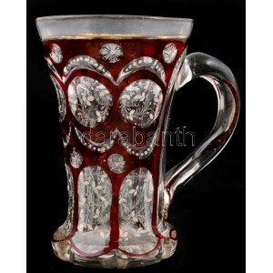 Antik rubin vörös pohár. Kézzel festett, kopásokkal. 12,5 cm / Antique glass, hand painted, slightly worn. 12...