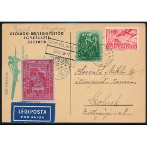 1938 Légi levelezőlap Szent István levélzáróval / Airmail postcard with label