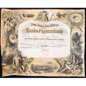 1853 Kaiser-Franzensbad polgári oklevél. Nagy méretű litográfia. Hajtott. / Large litho citizen diploma for Kaiser...