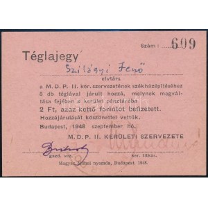 1948 MDP II. kerületi szervezetének székházépítéshez hozzá járuló téglajegye
