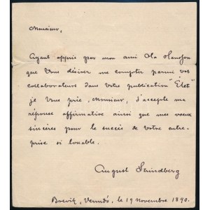 1890 Johann August Strindberg (1849-1912) svéd dráma-, regény- és elbeszélésíró autográf levele Gerő Ödönnek (1863-1939...