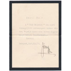1927.XII 17 József Ágost főherceg (1872-1962) gépelt levele, amelyben megköszöni báró Wlassics Tibor AntaI(1883-1931...