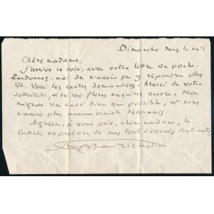 Jean Richepin, (1849-1926) francia költő, író és drámaíró autográf üdvözlő levele ismeretlen hölgynek ...