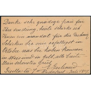 1907 Gerbeaud Emil cukrász által írt és aláírt levelezőlap