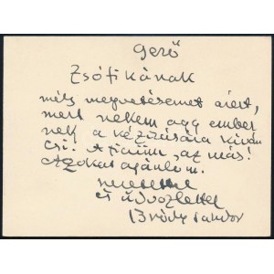 Bródy Sándor (1863-1924) író, újságíró autográf sorai kártyáján. Gerő Zsófiának (1895-1966), Gerő Ödön ujságíró...