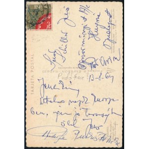 1964 Puskás Ferenc és felesége által aláírt képeslap Spanyolországból, egy harmadik, ismeretlen aláírásával ...