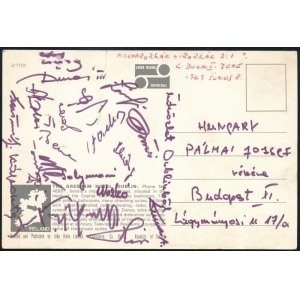 1969 Írország-Magyarország mérközésről a magyar játákosok által aláírt képeslap Szentmihályi, Káposzta, Mészőly, Szűcs...